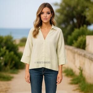 Banana Republic European Linen Polo Kaftan Top Green Collared Relaxed Fit Size L